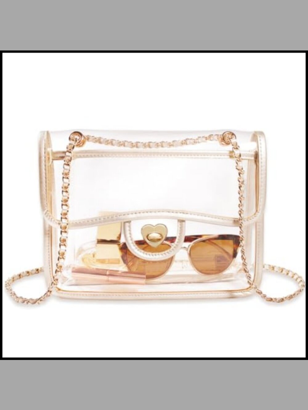 Clear PVC Stadium Approved Crossbody Bag Gold Chain Faux Leather Trim Satchel